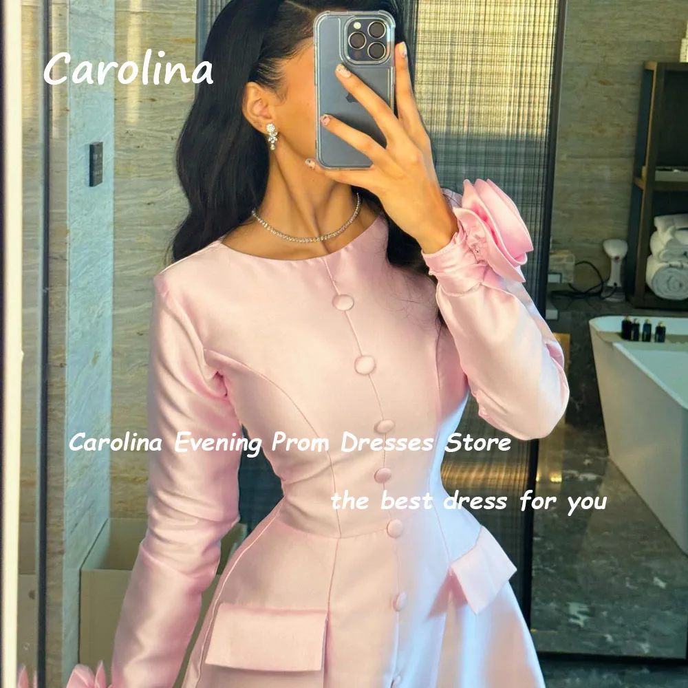 Carolina Simple Pink O-Neck A-LINE Prom dress 2024 Slim Long Sleeve With 3D Flowers Satin Ankle-Length Formal Evening Dress