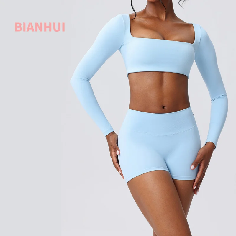 

BIANHUI Спортивный костюм для йоги с длинным рукавом, женская быстросохнущая рубашка для фитнеса, топ для бега на открытом воздухе, узкие шорты, спортивные топы для женщин