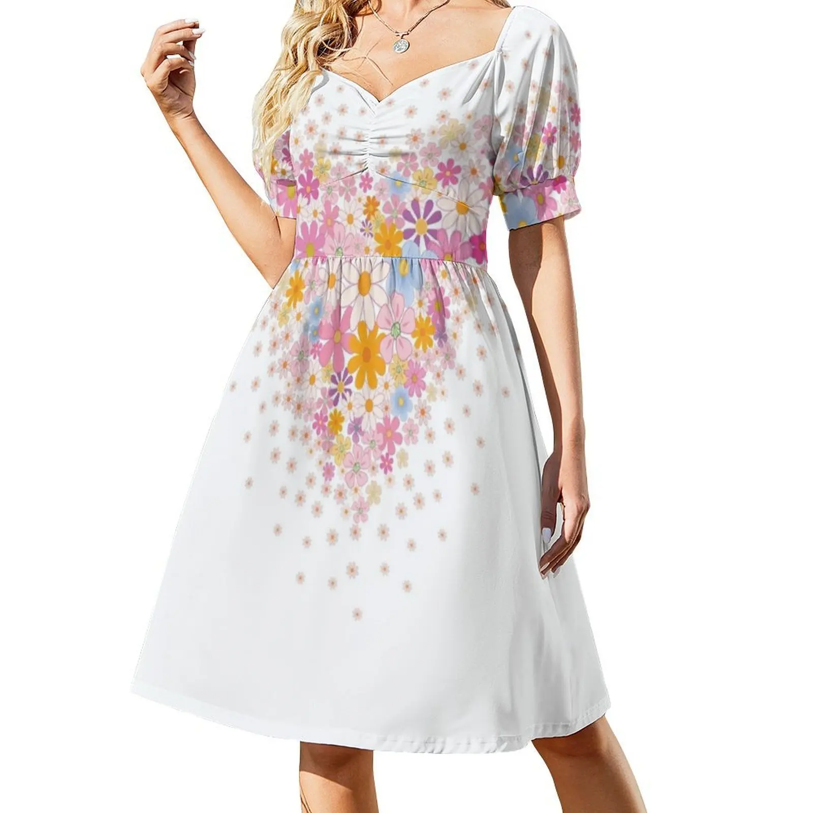 فستان على الطراز الكوري على شكل قلب وزهور 1 للنساء فستان كاجوال أنيق للحفلات أو الارتداء اليومي على شكل قلب زهور الهبي سعيدة #2