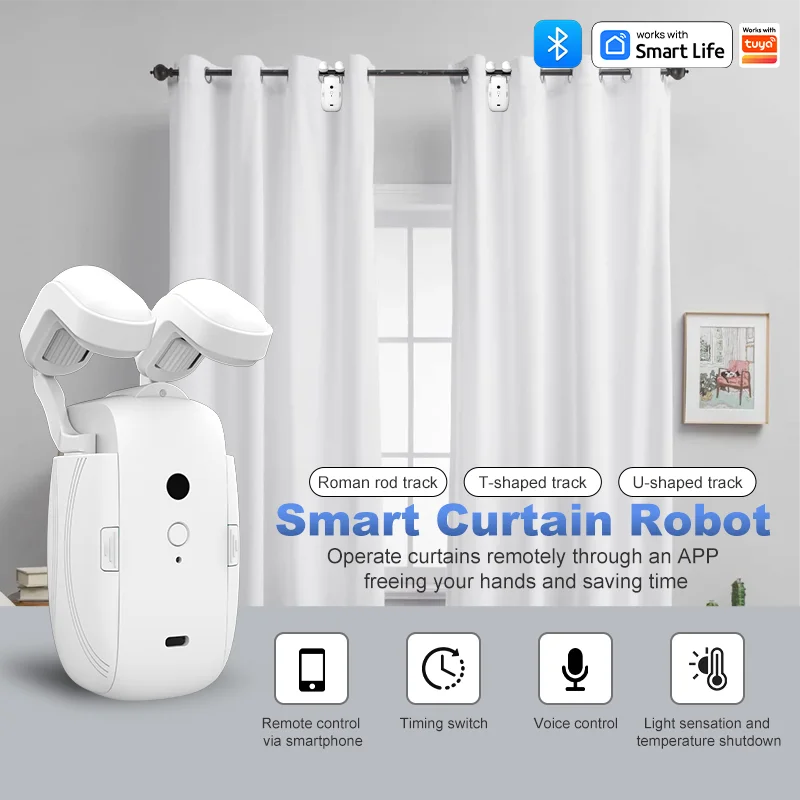 WiFi  Smart Automatic Curtain Opener with App Timer Voice Control High Performance Motor for Roman Pole Tracks ，Light Sensor 