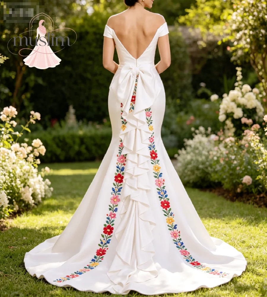 Off Shoulder Mexican Theme Wedding Dress With Colorful Floral Embroidery Satin Bridal Gown 2026 Elegant Ruffles Destination