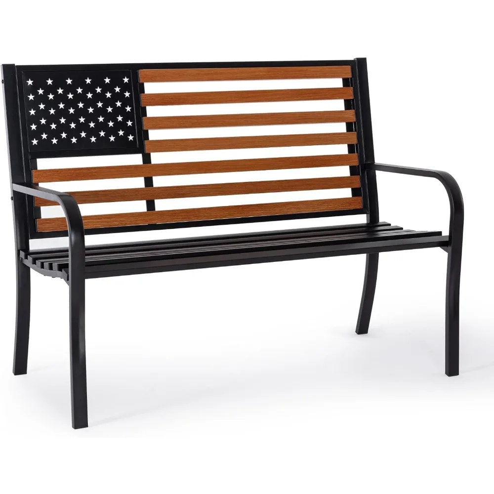 50” Outdor Bench Garden Bench with American Flag Style, Sturdy Cast Iron Metal Frame Patio Park Bench for Porch Yard Lawn Deck