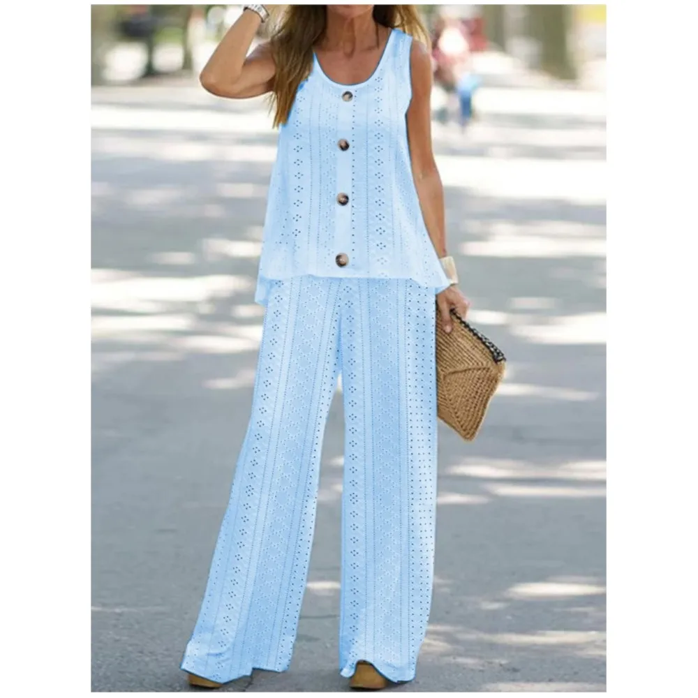 

Spring Autumn For Women's Solid Color Hollow Vest Suit Retro Fashion Sleeveless Simple Casual Female Office 2 Piece Pantsuit