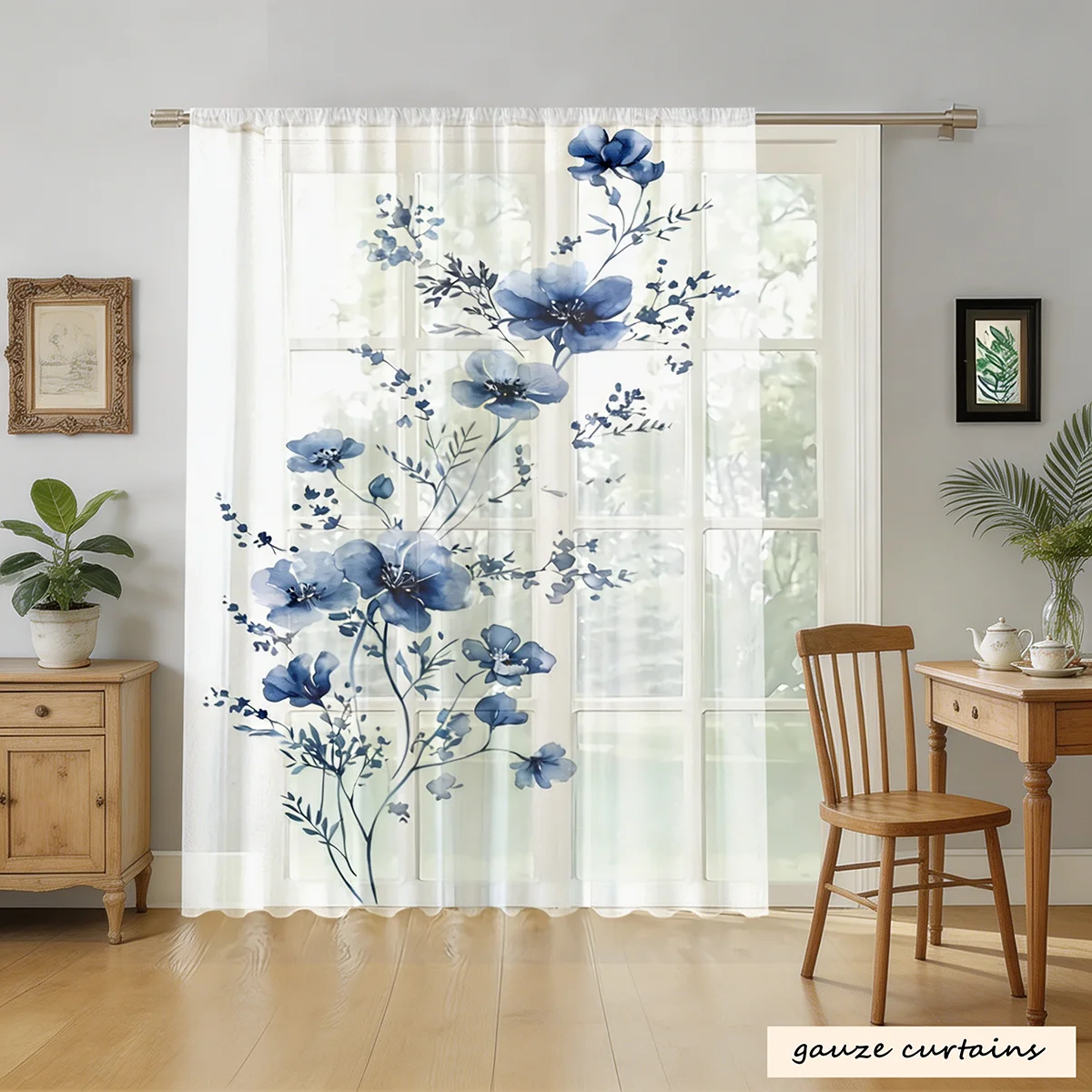 1PC Watercolor Coastal Nautical Lighthouse Seashell Print Sheer Curtain Rod Pocket Sheer Drapes for Bedroom Living Room Window