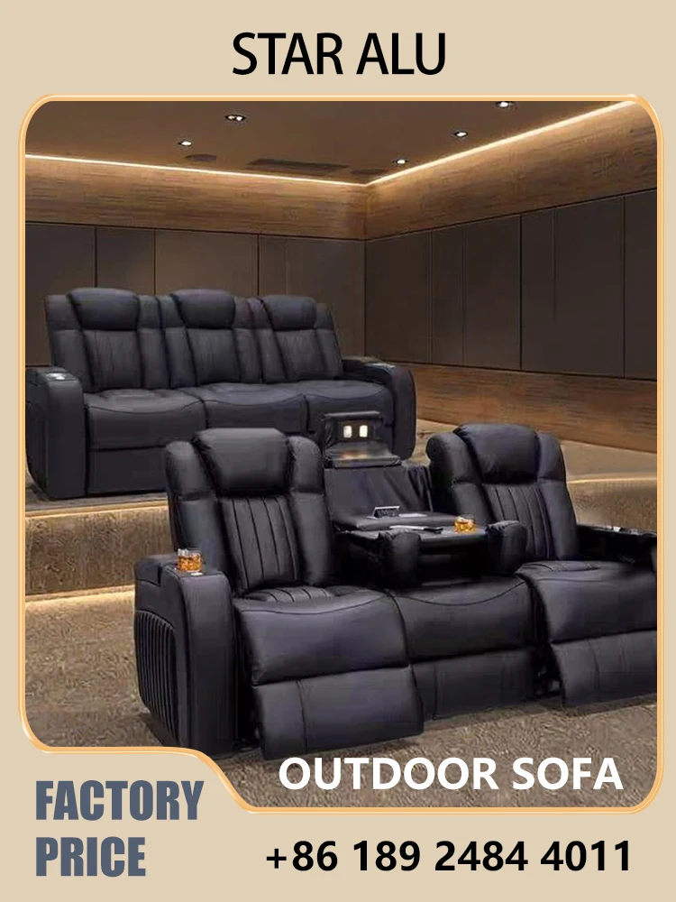 Genuine Leather Power Reclining Sofa, Villa Luxury Home Theater Seating with Cup Holders & USB Charging, 3-Seat Modular Design