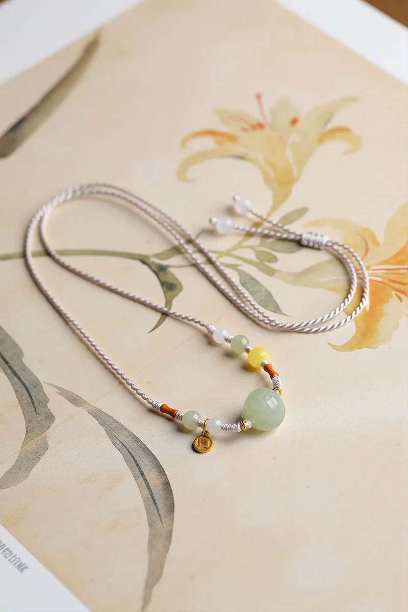 Chinese Style Lucky Natural Hetian Jade Light Cyan Turtle Shell Pendant Hand Braided Adjustable Necklace Fortune Attracting Good