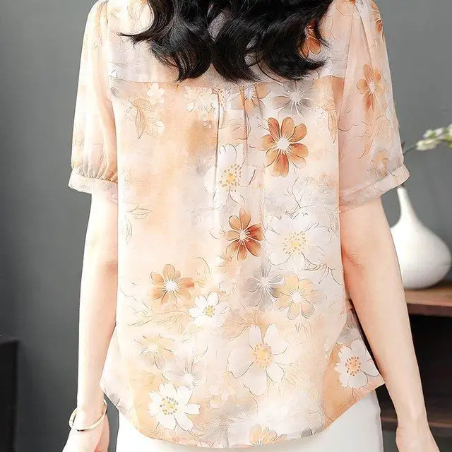Chiffon blouse voor dames met korte mouwen, zomer, nieuwe stijl, elegante bloemenprint, onderscheidende top van middelbare leeftijd