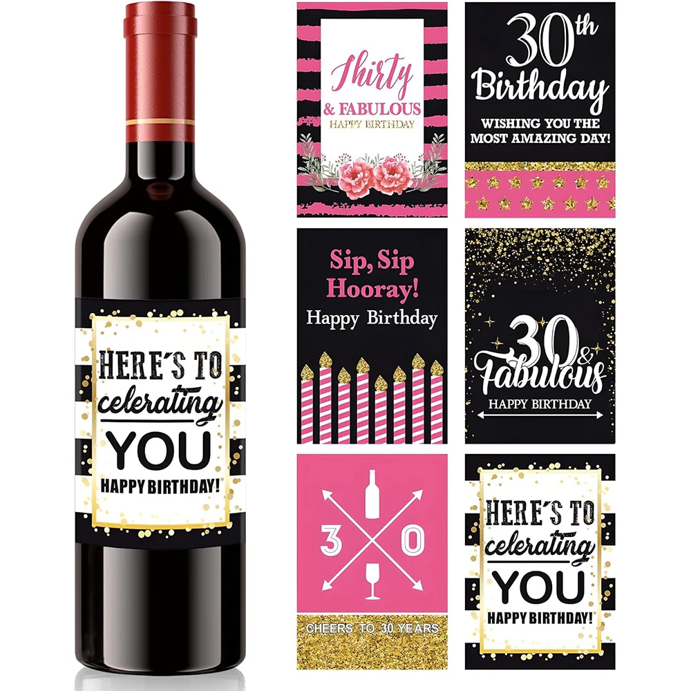 30th Birthday Wine Bottle Labels or Stickers Women Birthday Party Cheers to 30 Years Funny Pink Black Gold Party Decor Supplies