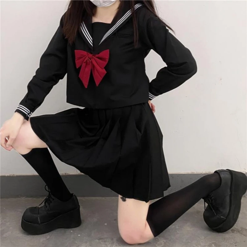 Japanese School Uniform Girls Plus Size Jk Suit Red Tie Black Three Basic Sailor Uniform Women Long Sleeve Suit