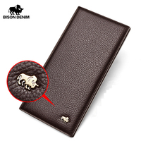 BISON DENIM Cowskin Long Purse For Men Wallet Business Men's Thin Soft Genuine Leather Wallet Card Holder Coin Purse N4470&N4391