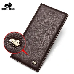 BISON DENIM Cowskin Long Purse For Men Wallet Business Men's Thin Soft Genuine Leather Wallet Card Holder Coin Purse N4470&N4391