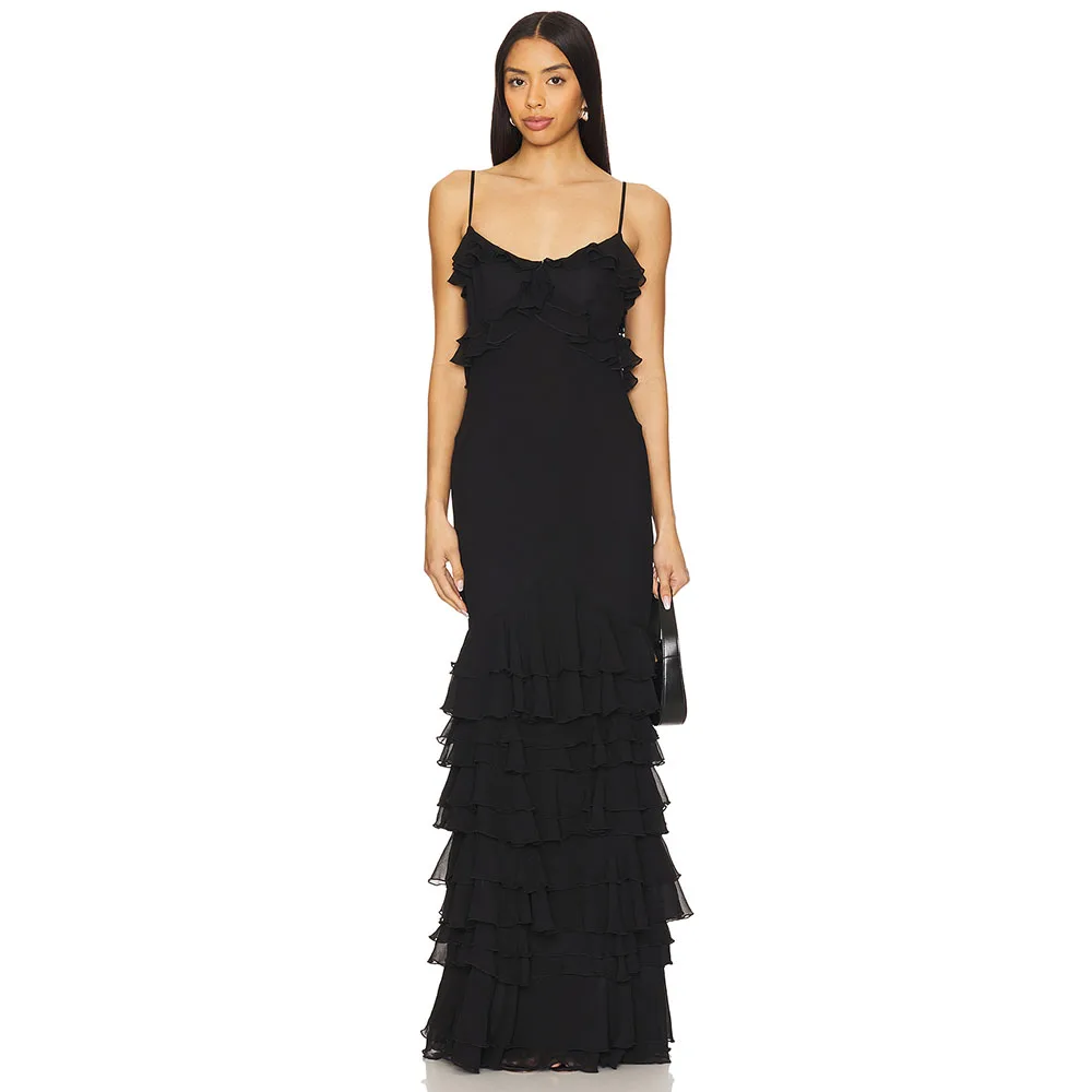 

Black Chiffon Evening Gown Mermaid Formal Party Dress Floor Length Spaghetti Straps Prom Dress Tiered Ruffles Saudi Dress
