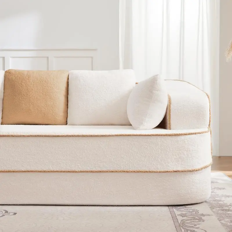 โซฟาชีซ์ซ้ายพร้อมหมอนในผ้าเท็ดดี้สีขาว