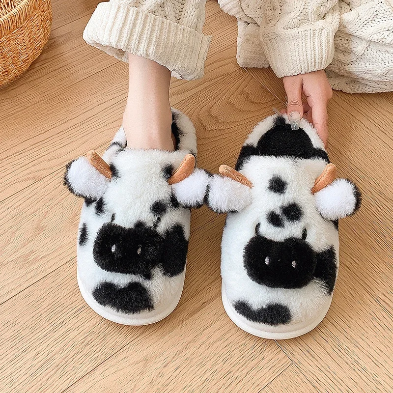 Casual Fluffy Slippers Women House Cute Cartoon Cow Designer Shoes Girl Flat Fashion Elegant Plush Winter Platform Footwear Home image 6