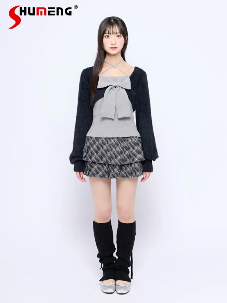 

Элегантный милый темперамент в японском стиле, вязаный кардиган с 3D бантом и длинными рукавами, облегающие топы на бретельках, комплект из двух предметов, пуловеры для женщин