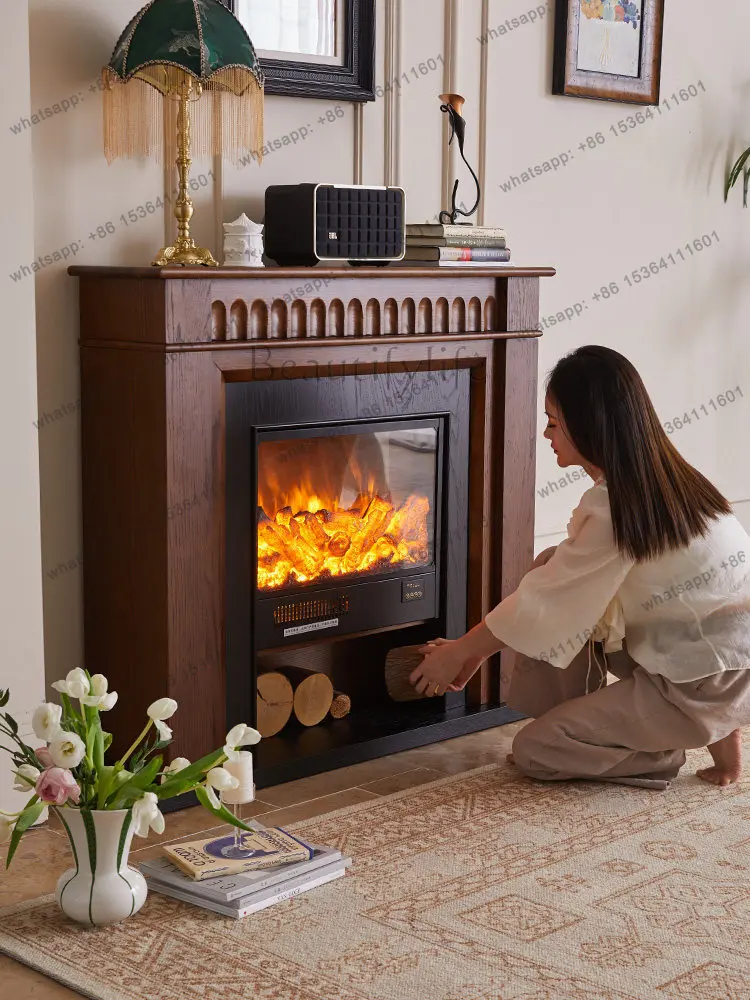 French medieval style solid wood fireplace decoration entryway cabinet simulated flame