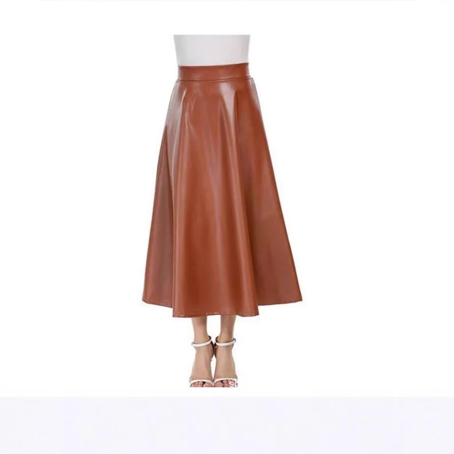 2026 Early Spring Fashion Temperament High Waist Skirt Long Swing Leather Skirt Women
