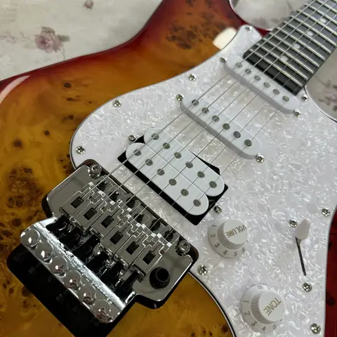 US Warehouse Burst Burl Top ST Style Electric Guitar SSH Pickup Configuration White Pearl Pickguard Chrome Tremolo System Vintage Sunburst Stratocaster Guitar for Rock Blues Player In Stock