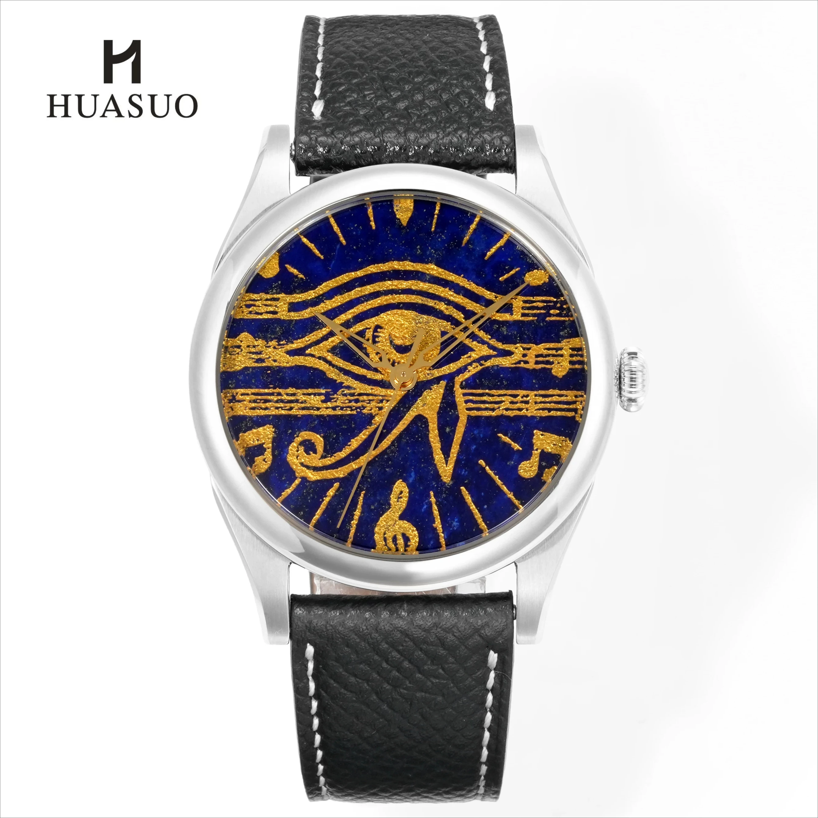 HUASUO 38MM Ancient Egyptian Secret Pattern Luxury Mens Watch PT5000 SW200 Automatic Mechanical Stainless Steel 50M Waterproof