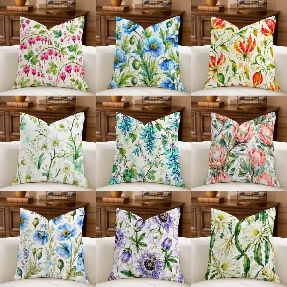 Watercolor Botanical Floral Cushion Cover Natural Breathable Durable Linen Printed Decor Pillow Case Sofa Bedroom