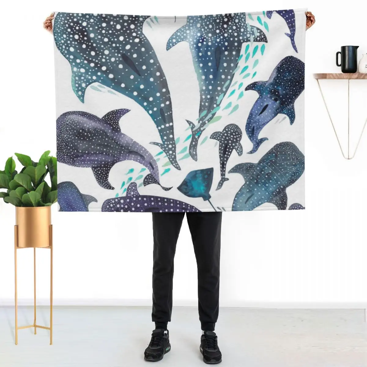 Whale Shark, Ray & Sea Creature Play Print Throw Blanket Flannel Fabric Travel Fashion Sofas Bed Fashionable Picnic Blankets