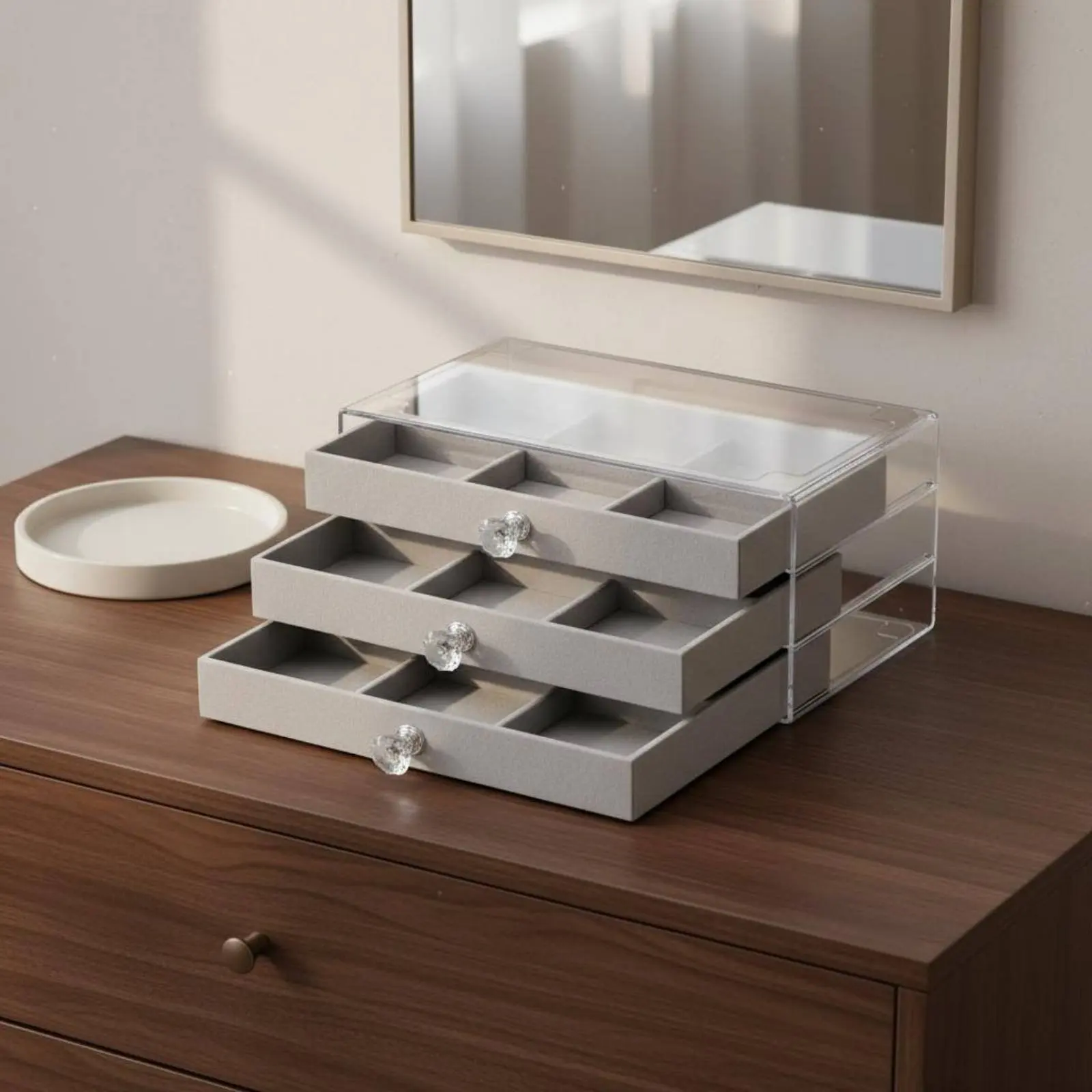 Stackable Jewelry Box Dustproof Clear Top Jewelry Case Soft Lined Drawer Organizer Crystal Knobs for Women, Dresser, Closet