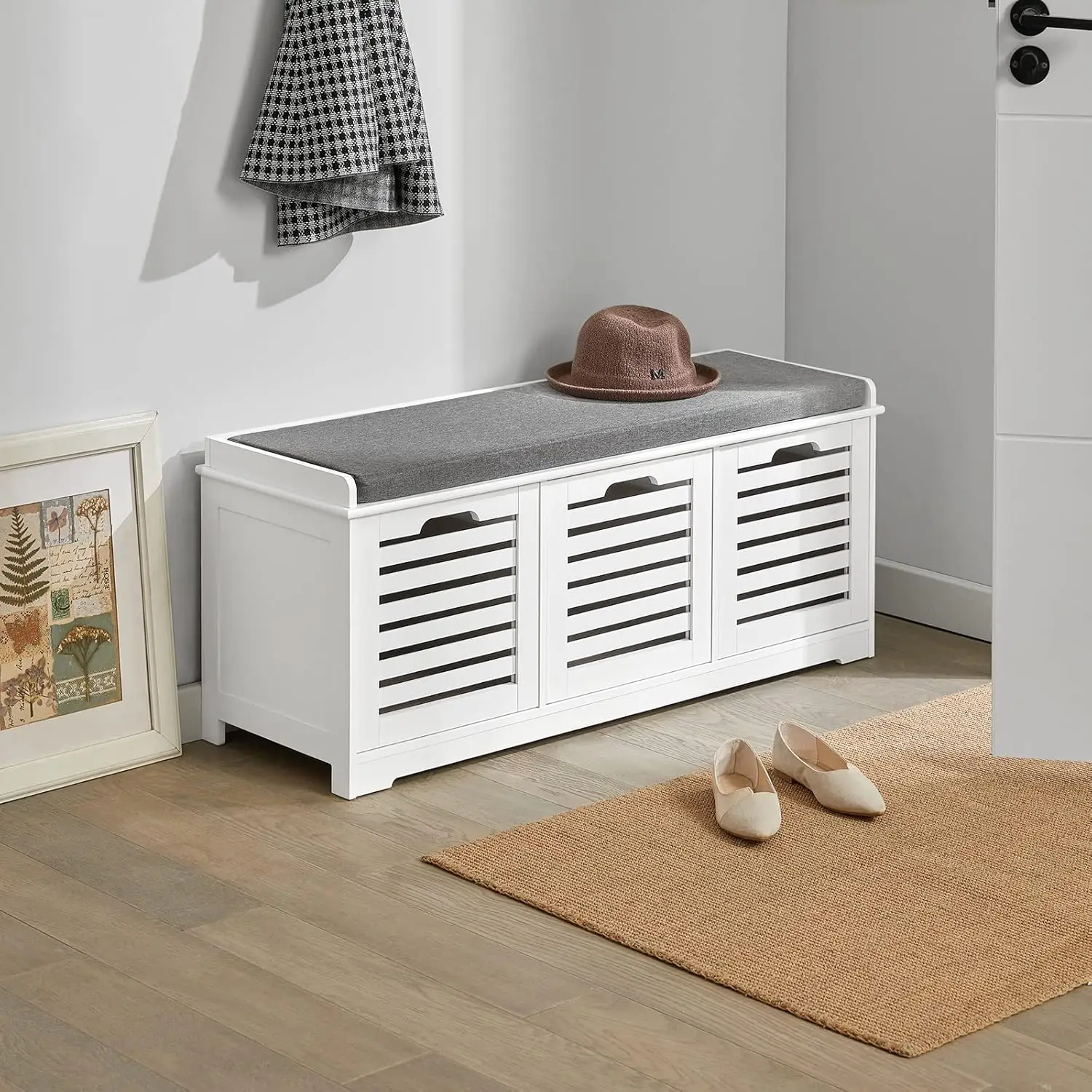 NEW White Storage Bench with 3 Drawers & Padded Seat Cushion, Hallway Bench, Shoe Cabinet, Shoe Bench USA