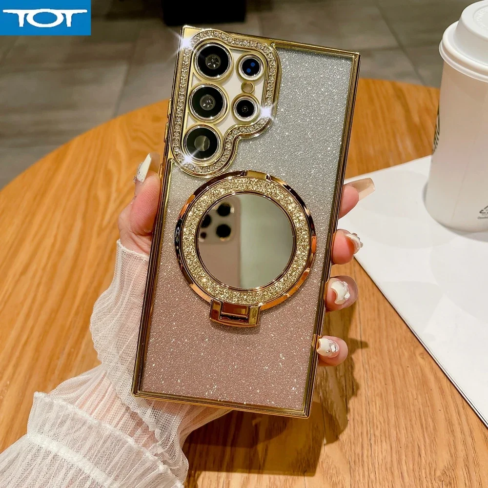 

Luxury Glitter Mirror Magsafe Bracket Case for Samsung S24 Ultra Galaxy S23 S22 Ultra Plus Diamond Bumper Plating Clear Cover