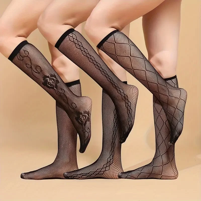 3 paar Sexy Fishnet Strümpfe Aushöhlen Frau Socken Transparente Knie Hohe Socken Gothic Lolita Japanische Mid-rohr Weibliche socken