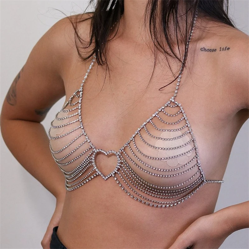 Sexy Shiny Multilayer Rhinestone Love Fringe Chest Chain Summer Beach Party Ultra Flash Crystal Bra Body Chain Jewelry Wholesale