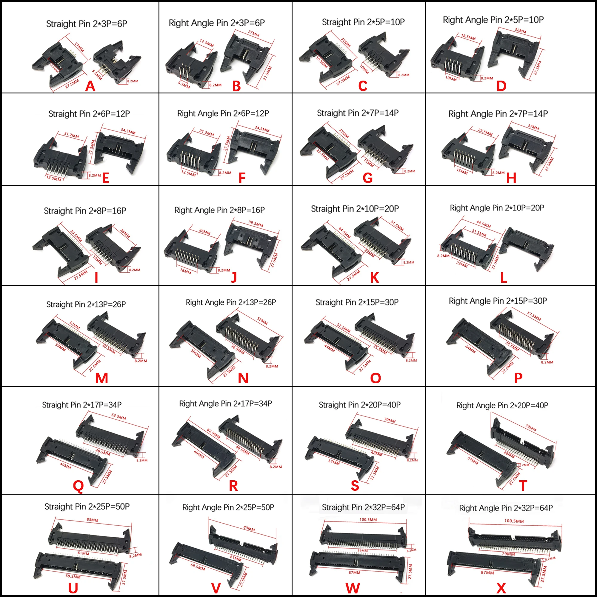 5 Stück DC2 Doppelstift 10/12/14/16/20/26/34/40/50/64 Stifte 2,54 mm Rastermaß Steckerbuchse gerade/winkelrechte IDC-Box-Header-Steckverbinder – Detail 1