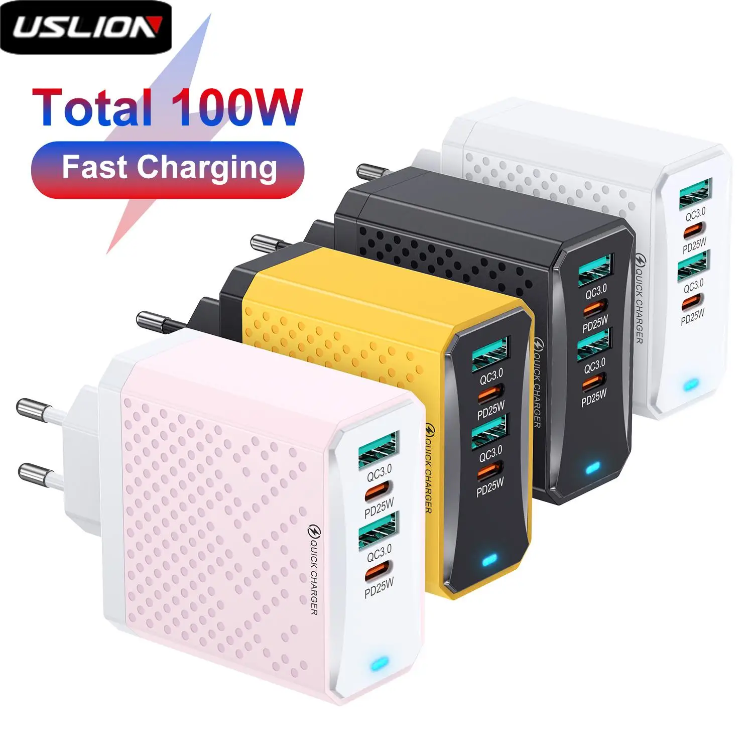 4 in 1 Total 100W Phone Charger 2 USB +2 Type C QC 3.0 Fast Charging EU/US/UK Plug For iPhone 16 15 Pro Max Xiaomi 14 Oneplus 12