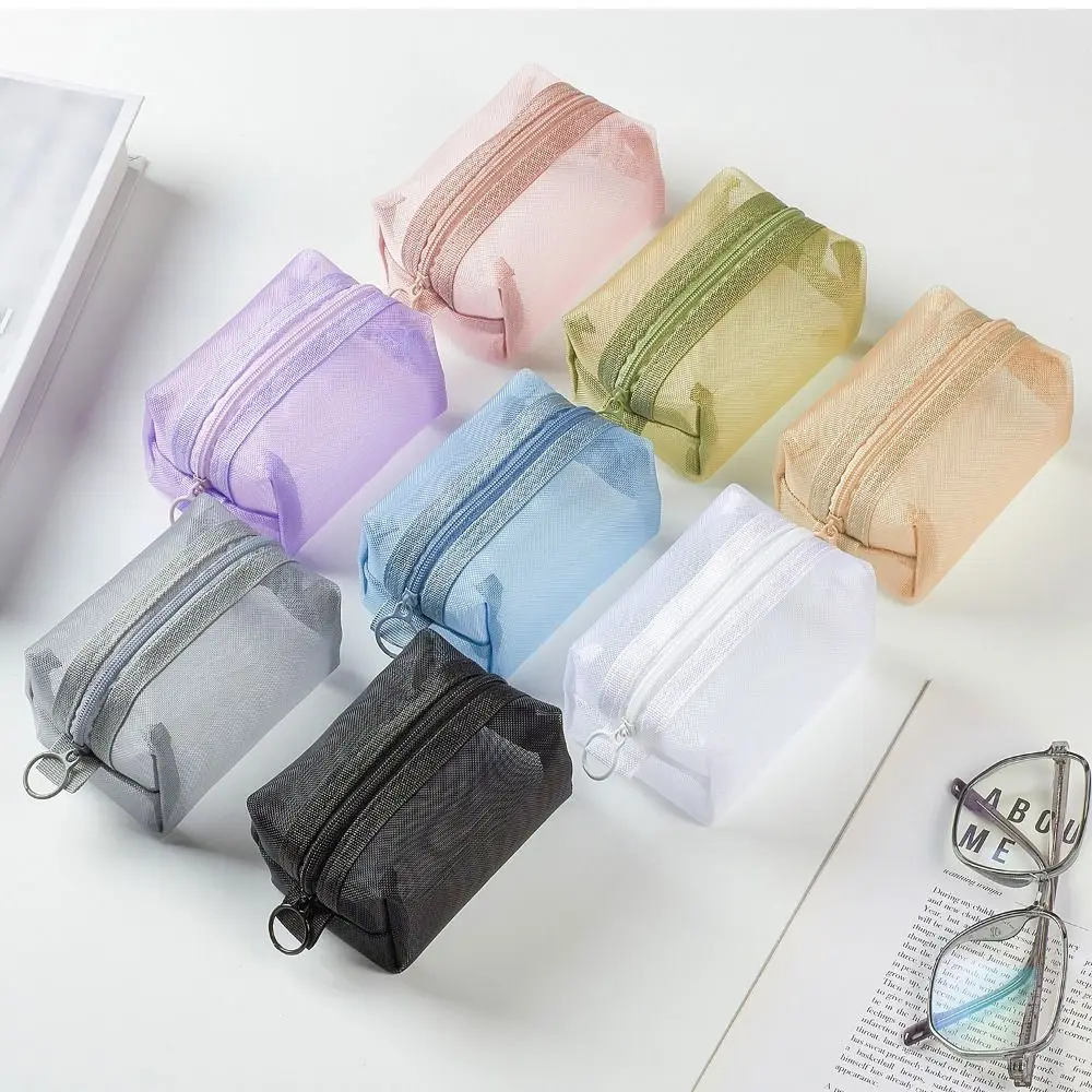 New Solid Color Coin Purse Mesh Portable Makeup Bag Large Capacity Cosmetic Bag Men