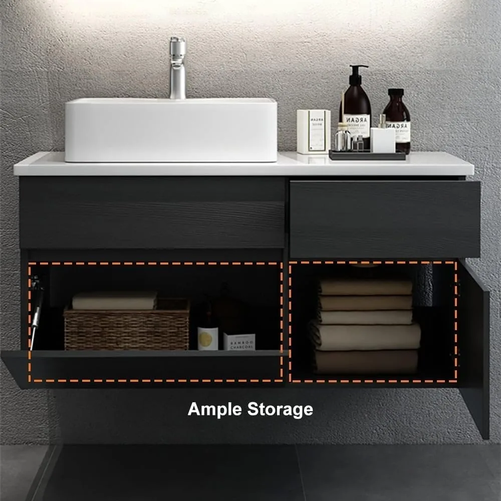 31'' Bathroom Vanity Floating Bathroom Sink Cabinet with Ceramic Vessel Sink Black & White Wall Mounted Floating Vanity