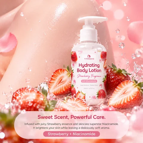 Loção Corporal com Fragrância de Morango e Niacinamida, Hidratação Profunda e Suaviza a Queratina Áspera para Pele Radiante 200ml