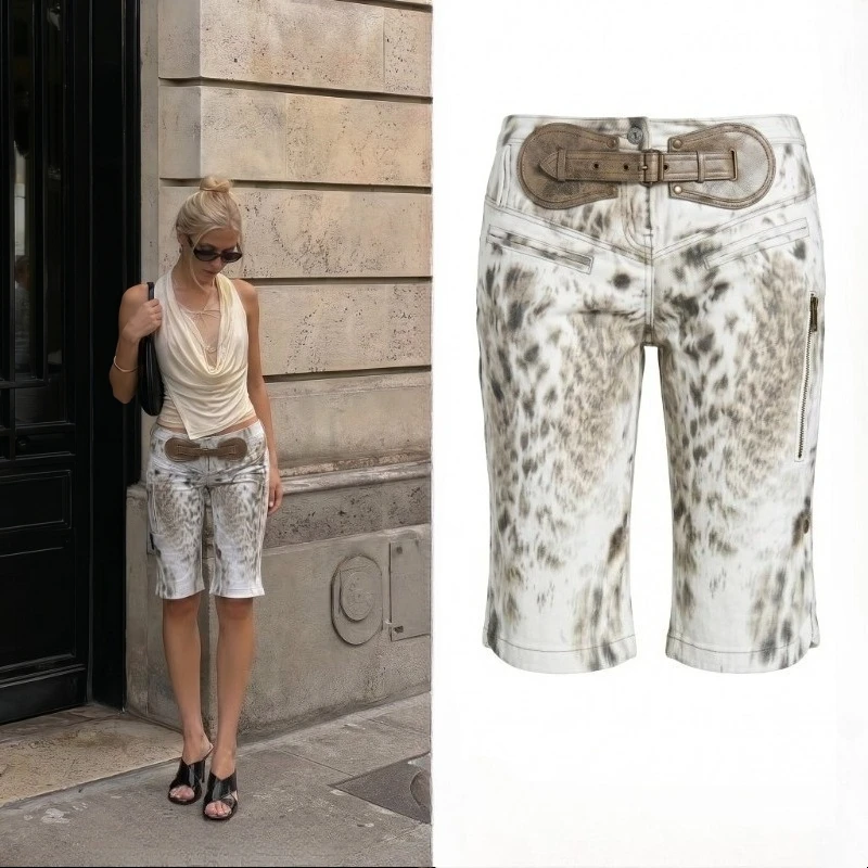 

American Style Tie Dye Denim Woman Capris Cargo Shorts with Zipper Pockets Y2K Aesthetic Casual Streetwear Summer Jeans Woman