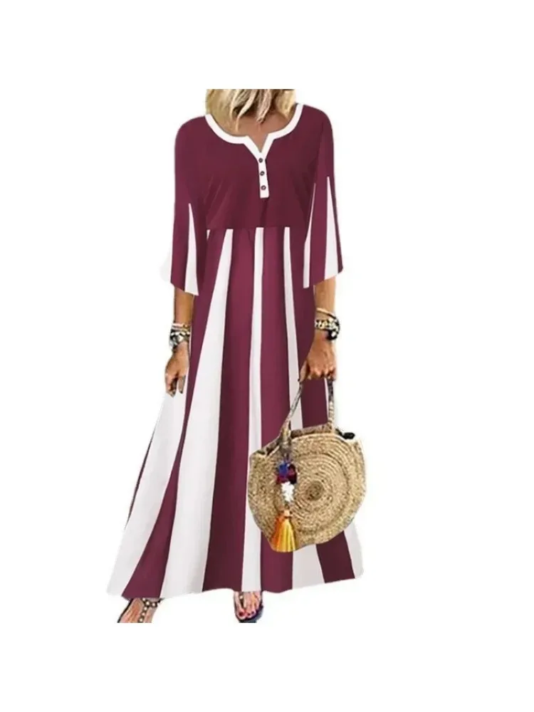 Summer Women\'s Heart-shaped Collar and Loose Button Loose Casual Long Dress  Mid Sleeve Striped Printed Long Dress