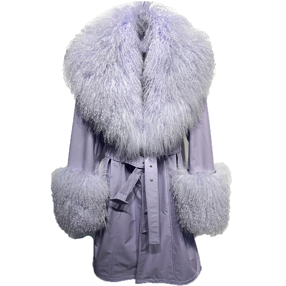 

Denny&Dora Women Lavender Genuine Leather Trench Coat Long With Mongolia Sheep Fur Collar Plus Size