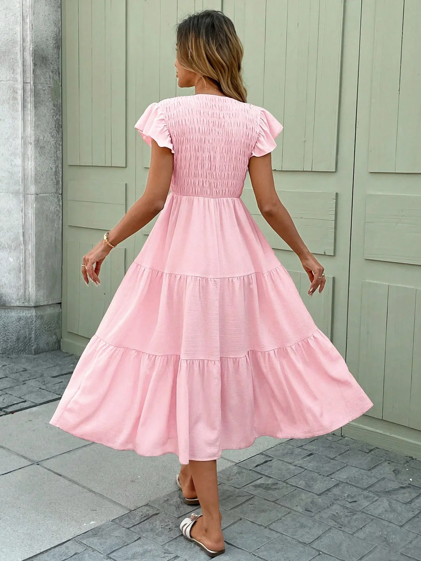 2025 novo verão vestidos com decote em v para mulheres sólido manga curta vestido feminino elegante a linha vestido feminino vestidos de verano mujer q277