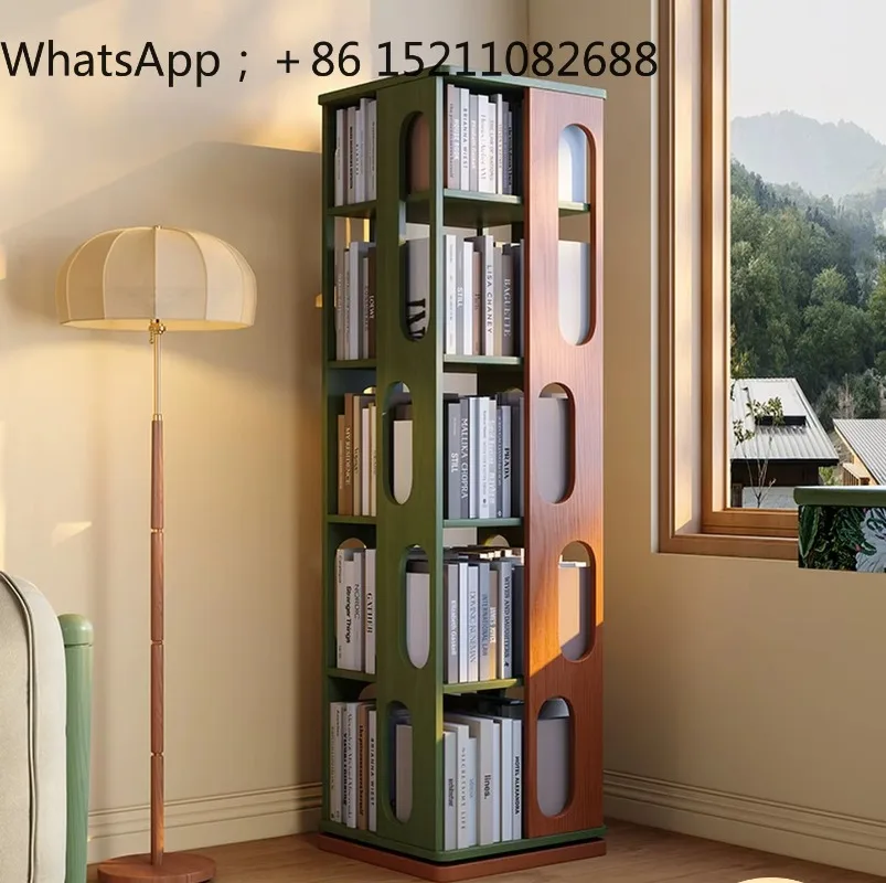 SCY solid wood retro bookcase 360 degree rotating bookshelf floor-to-ceiling multi-layer storage shelf