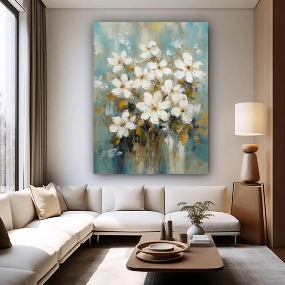 

100% hand drawn white flowers abstract oil painting original wall painting home living room decoration paint interior aesthetics