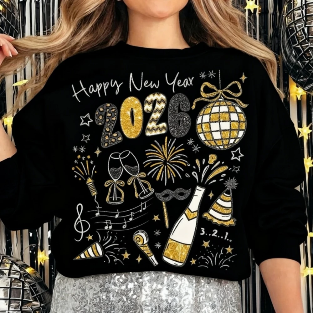 Año Nuevo 2026 Sudadera con capucha Año Nuevo Doodle Collage Jersey Negro Brillo dorado Nochevieja Hola 2026 Sublimación Bola de discoteca