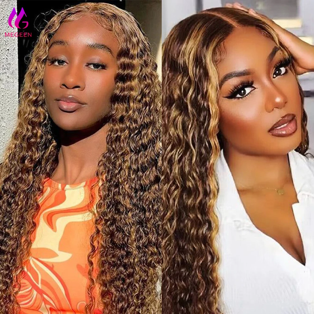 Megeen capelli umani miele biondo Ombre parrucca colorata P4/27 evidenziare parrucca onda d'acqua 13 x4 parrucca anteriore in pizzo trasparente parrucca frontale in pizzo
