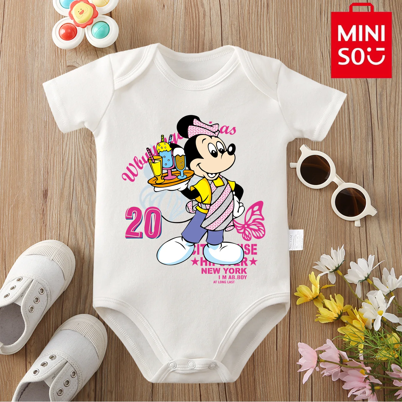 

MINISO&Disney 100% Cotton Baby Clothe Onesie Bodysuit Mickey Mouse Cute Cartoon Print Best Gift for 0 To 12 Months Newborn