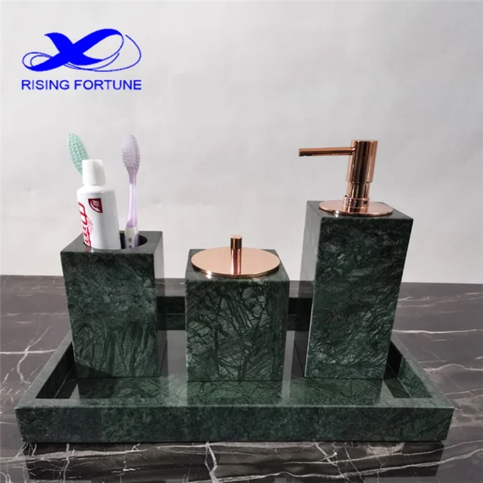 Factory Customized Modern Green Marble Luxury 4 Piece Bathroom Accessory Set for Hotel