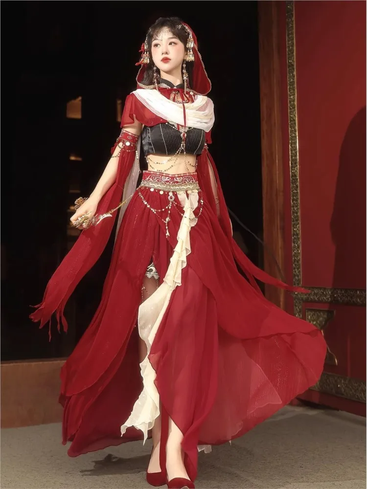 ชุดนักเดินทางสไตล์โบราณ ฮั่น ชุดแปลกตา สีแดง สาวนักเต้นสไตล์ตะวันตก