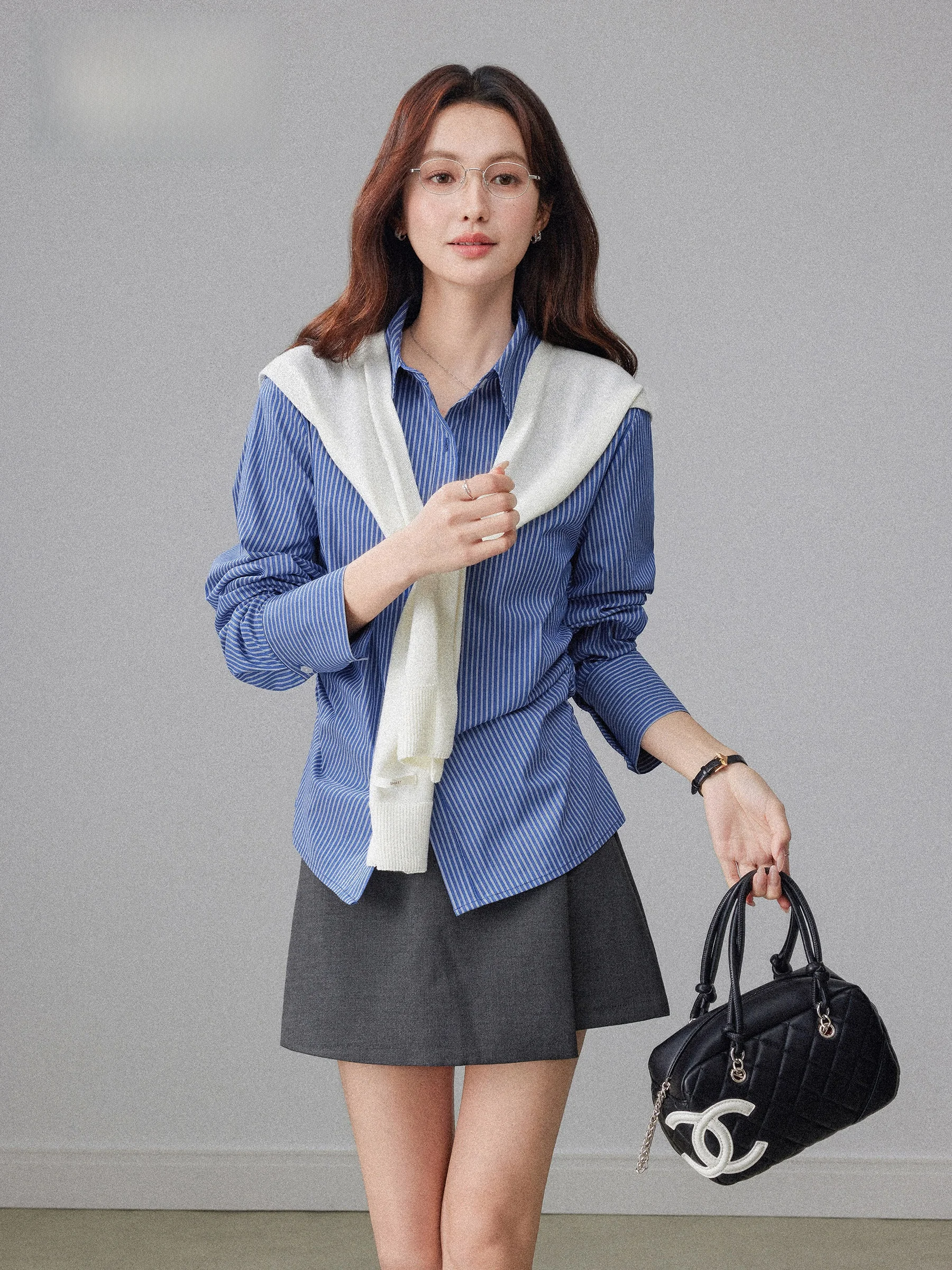 

Blue Striped Long Sve irt Women's Early Spring Korean Sle High nce Waist Cinching Pleated Slimming Blouse