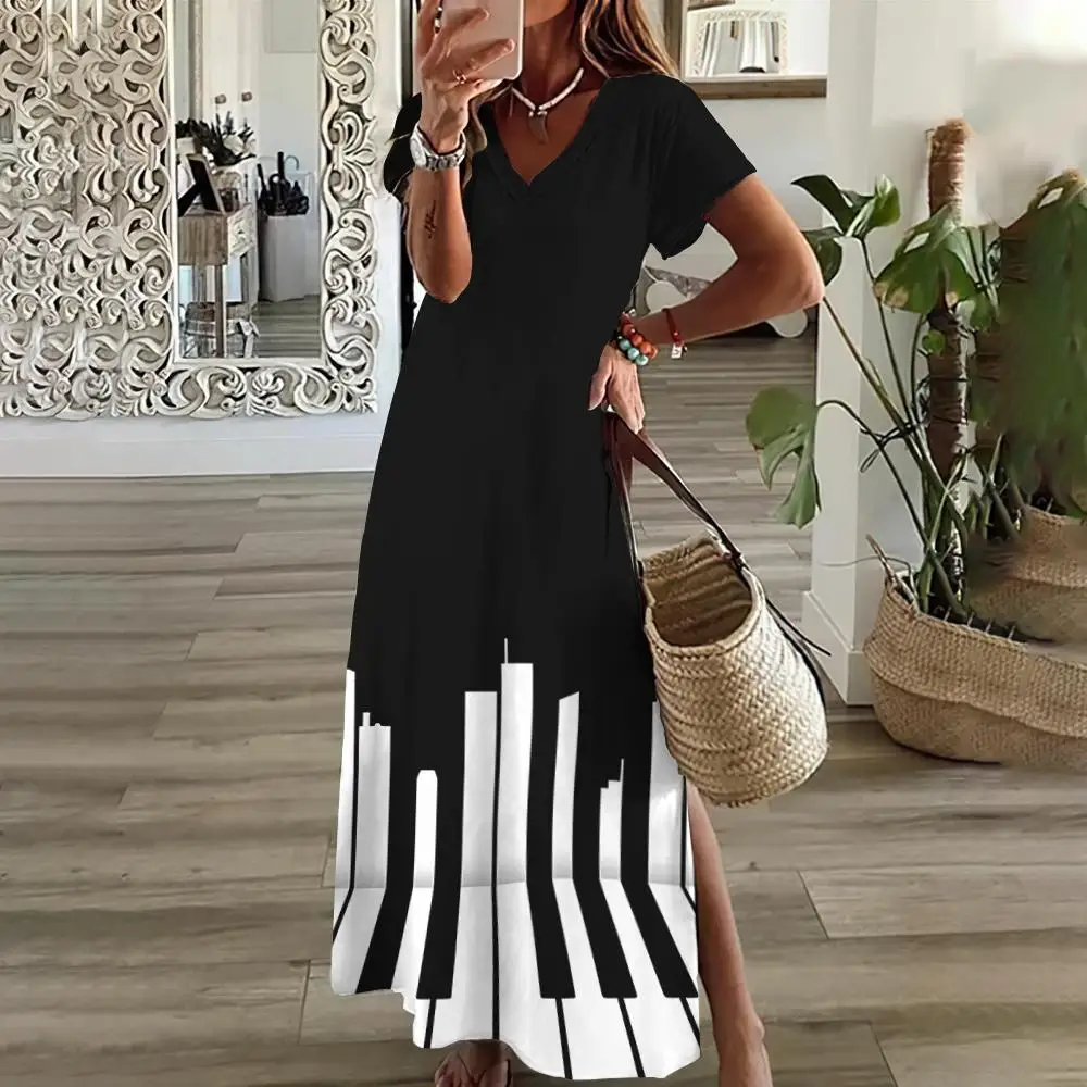 2024 Black And White Music Note Print Women\'s Dresses Plus Size Elegant Dresses Female Long Dresses Summer  Women\'s Clothing