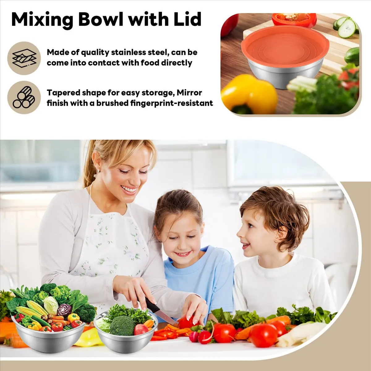 AT16 Mixing Bowl with Lid Set of 5, Stainless Steel Nesting Salad Bowl Set for Prepping, Mixing and Serving
