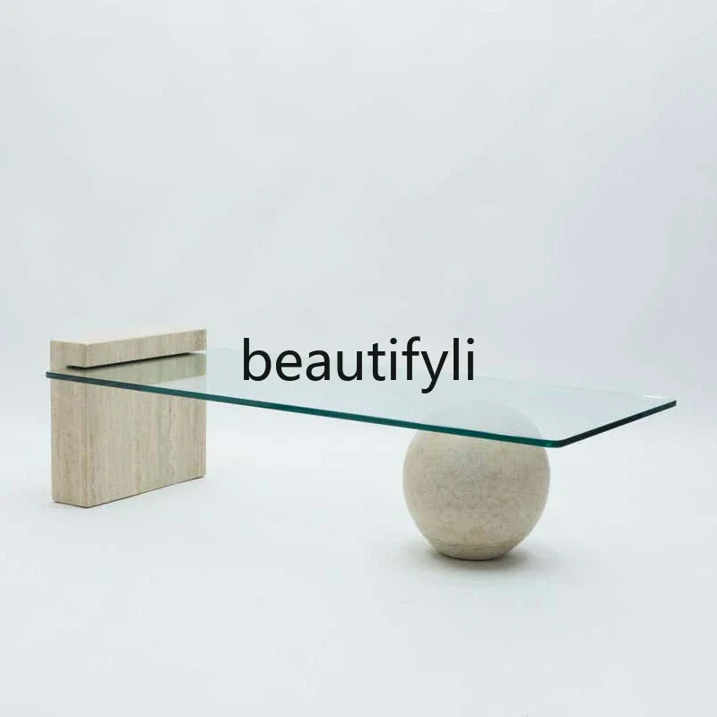 

smt1 Minimalist natural travertine coffee table rectangular tempered glass small apartment modern simple light luxury designer